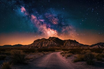 A serene dirt road cutting through the vast desert landscape under a clear blue sky, A desert at night with a vivid Milky Way tableaux spread across the sky, AI Generated