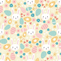 Easter concept with colourful eggs, cute bunnies and flowers. Seamless pattern. Great for textiles, banners, wallpapers, wrapping - vector design