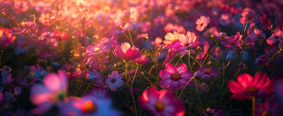 Enchanting Sunset Glow on a Vibrant Field of Blooming Flowers: A Serene and Magical Display of Nature's Beauty in Warm Tones
