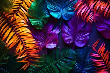 Fototapeta na wymiar Vibrant Multicolored Tropical Leaves on Dark Background