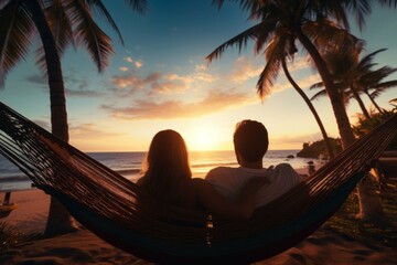 Couple watching the sunset from a hammock on the beach.