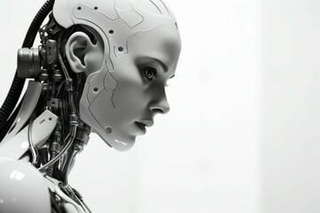 the robot head of a female robot is shown from the side