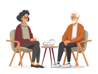  Two colleagues one senior and one junior sit down for coffee the senior offering advice and mentorship while the other listens attentively. (Mentorship meeting) 