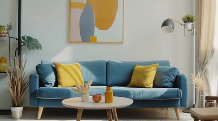 Blue sofa with yellow pillows and blanket against beige wall with frame poster. Scandinavian home interior design of modern luxurious living room.