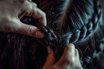 A person skillfully braiding another persons hair in a step-by-step tutorial for achieving a classic hairstyle, A detailed image of a hairdresser's hands braiding long hair, AI Generated