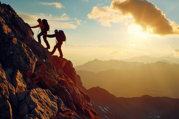 Fototapeta premium A united group of adventure seekers scales the side of a mountain, conquering challenges together, A devoted hiker assisting his friend to reach the mountain peak, AI Generated