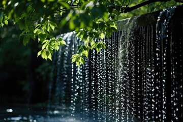 A remarkable image capturing a torrential rainfall cascading down from a trees branches, creating a wall of rain, A digital binary waterfall cascading down, AI Generated