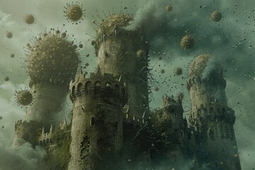 A captivating photo featuring Castle Rising, a medieval fortress surrounded by clouds, A digital castle being besieged by viruses, AI Generated - obrazy, fototapety, plakaty
