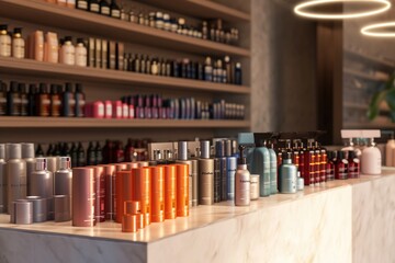 Abundance of Bottles on a Counter, A Captivating Display of Beverages, A digital rendering of Varied hair styling products on a salon counter, AI Generated