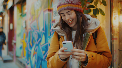 Obraz na płótnie Canvas Cheerful young woman, wearing a beanie, uses a smartphone on a vibrant city street