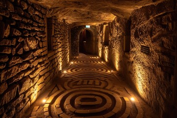 A tunnel featuring a captivating maze in its center, offering an intriguing path to exploration, A dimly lit labyrinth with towering stone walls, AI Generated - obrazy, fototapety, plakaty
