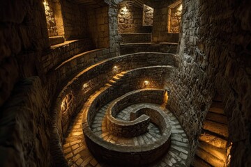 A photo capturing the intricate spiral staircase found inside a historical stone building, A dimly...