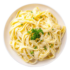Restaurant style fettuccine alfredo in plate on transparent background