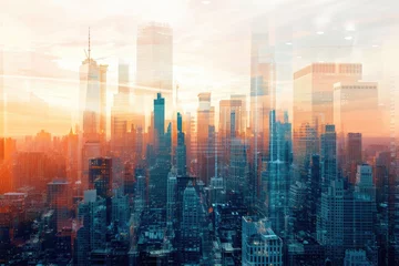 Photo sur Plexiglas Skyline Panoramic Cityscape, Breathtaking View of Tall Buildings in a Vibrant Urban Center, A double exposure shot of future skyline and tower construction, AI Generated