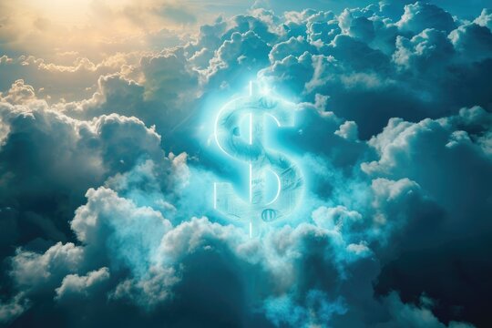 A powerful and eye-catching photo of a dollar sign suspended in the clouds against a striking blue sky, A dollar sign projected onto clouds conveying imminent inflation, AI Generated