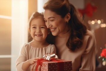 Fototapeta na wymiar woman hugging daughter and giving gift to her daughter