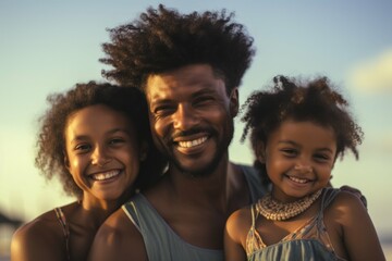 a black american family enjoying their family at the beach - obrazy, fototapety, plakaty