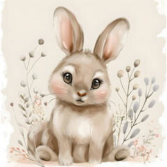 Illustration of a magical cute easter bunny clipart, neutral background.