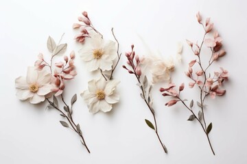 four different flowers on a white background