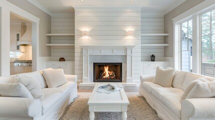 Wooden live edge accent coffee table between white sofas by fireplace in stone cladding wall. Minimalist style home interior design of modern luxurious living room in villa.