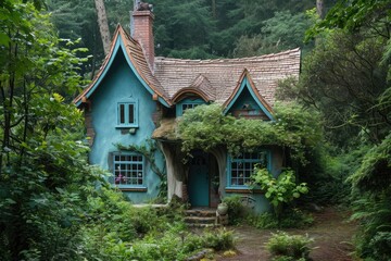 A picturesque blue house with a brown roof nestled in a serene natural setting surrounded by lush trees, A fairy-tale cottage nestled in a mint forest, AI Generated