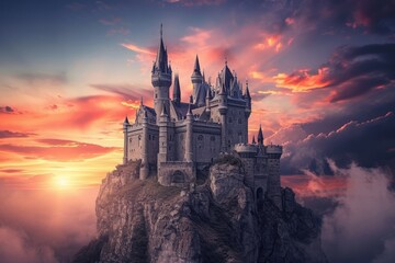 A majestic castle sits atop a rugged mountain, surrounded by a gloomy cloudy sky, A fairy tale-like castle against a sunset sky on a summer evening, AI Generated - obrazy, fototapety, plakaty