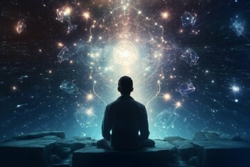 meditating man with a lotus surrounded by stars - obrazy, fototapety, plakaty