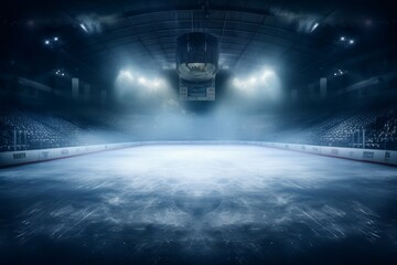 ice rink in snow stadium with spotlights - obrazy, fototapety, plakaty