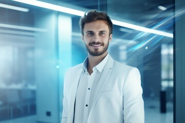 young business man with hairy face smiling in office