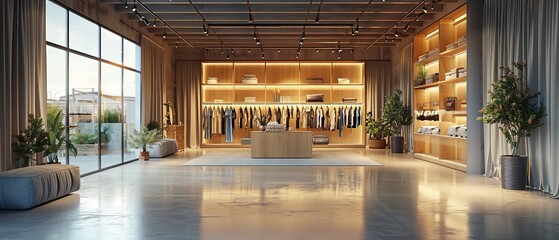 Luxurious clothing store with lots of space. Interior of expensive clothing store with copy space. - obrazy, fototapety, plakaty