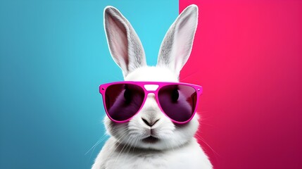  Cool bunny sunglasses looking with colorful summer background.Generative Ai Pro Photo
