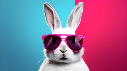 Fototapeta premium Cool bunny sunglasses looking with colorful summer background.Generative Ai Pro Photo 