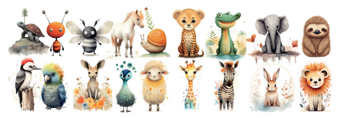 Naklejka premium Whimsical Collection of Illustrated Animals: From a Colorful Parrot to a Cute Lion Cub