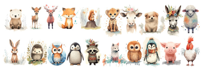 Fototapeta premium Adorable Collection of Watercolor Animals: Bears, Deer, Foxes, and More in a Whimsical