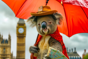 A koala with an umbrella stands on two legs in London against the background of Big Ben, holding a...
