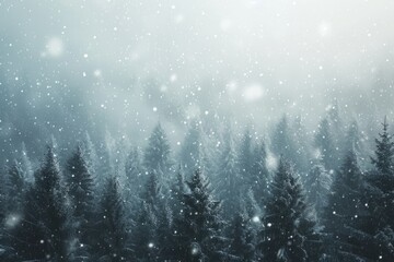 A serene photograph capturing the beauty of a winter landscape, featuring a dense forest blanketed in snow, A fierce snowstorm blurring the vision of a dense pine forest, AI Generated - obrazy, fototapety, plakaty