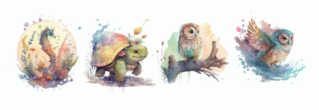 Watercolor Wildlife Collection: Vibrant Illustrations of Various Animals Amidst Nature’s