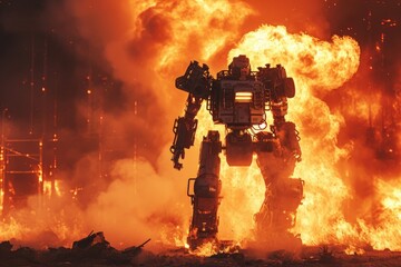 A massive robot stands resolutely in front of an intense blaze, emanating strength and power, A firefighting robot extinguishing a massive blaze, AI Generated