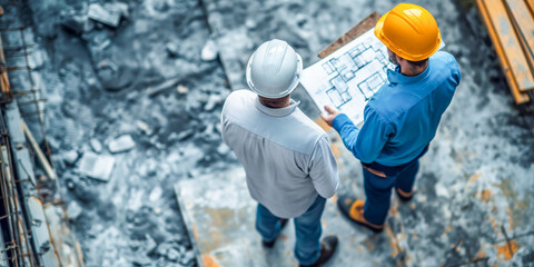 Overhead View of Engineers with Blueprints at Construction Site
