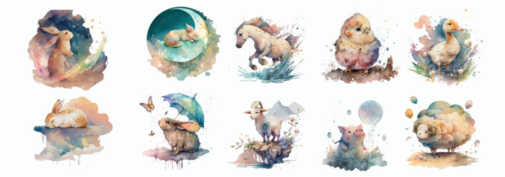 Whimsical Watercolor Collection of Cute Animals and Nature Elements, Hand-Painted Illustrations for Children’s Books, Decor
