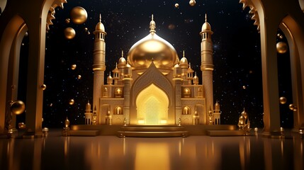 3d illustration of Ramadan Kareem's background with a golden mosque and moon