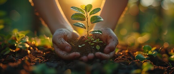 An organization that helps nature. Close-up of a hand holding a tree sapling in the morning light.
