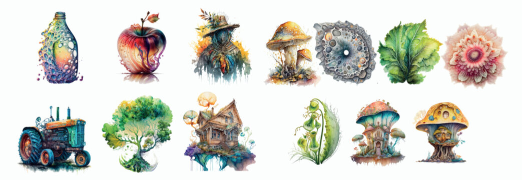 Whimsical Watercolor Illustrations: A Collection of Nature, Objects, and Fantasy Elements in Vibrant