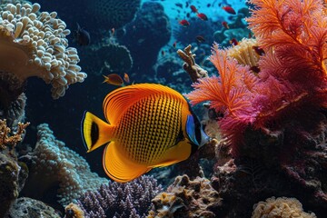 Orange and Yellow Fish on Coral Reef, Vibrant Marine Life in a Biodiverse Habitat, A flamboyant and radiant tropical Butterflyfish among coral canyons, AI Generated - obrazy, fototapety, plakaty