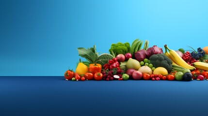 Fruits and vegetables on a blue background. 3d illustration.