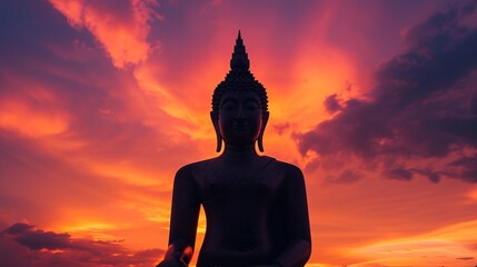 a statue of a person with a sunset behind it - obrazy, fototapety, plakaty
