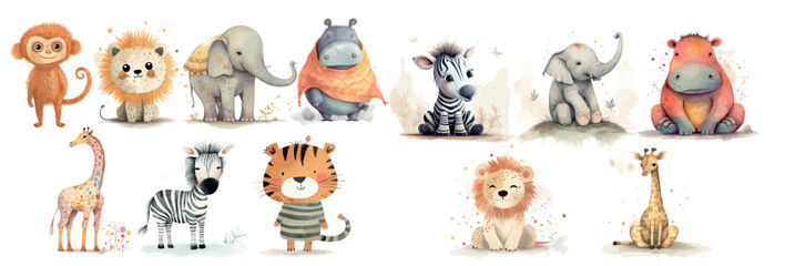 Naklejka premium Adorable Collection of Illustrated Jungle and Savannah Animals, Perfect for Children’s Book Illustrations, Educational Materials