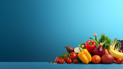 Fruits and vegetables on a blue background. 3d illustration.
