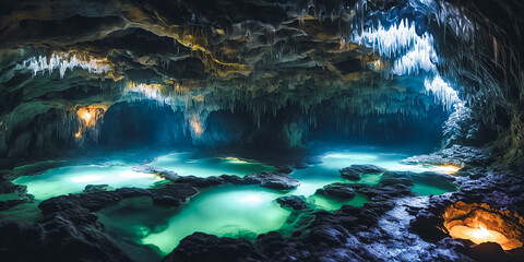 Glowing Caverns. An underground wonderland, a cavern adorned with luminescent crystals. - 757165597
