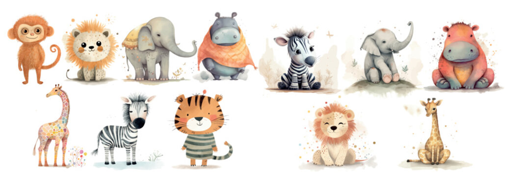 Adorable Collection of Illustrated Jungle and Savannah Animals, Perfect for Children’s Book Illustrations, Educational Materials